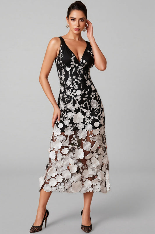 Ziska V Neck Flower Embroidered Midi Dress