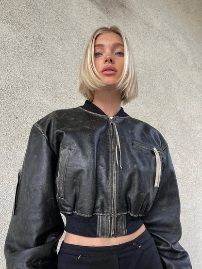 Stylish Short Bomber Leather Jacket Chic Zip Closure Leather Jacket