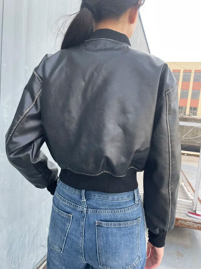 Stylish Short Bomber Leather Jacket Chic Zip Closure Leather Jacket