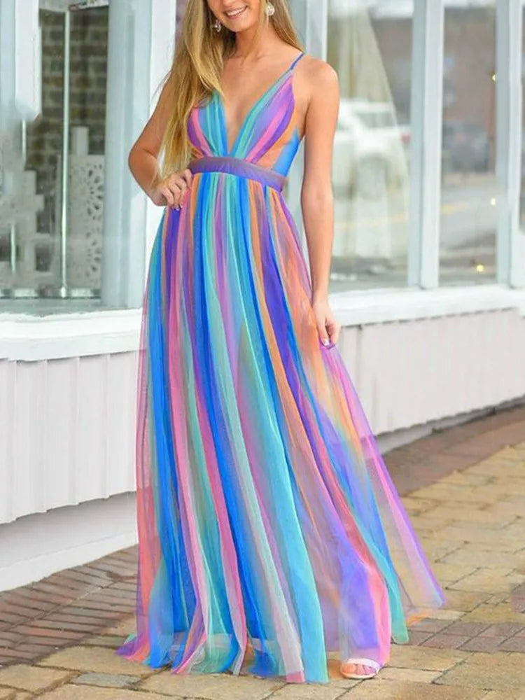 Rainbow Chiffon Spaghetti Strap Dresses Women Sexy Deep V-neck Backless Long Dress Fashion Elegant Ladies Evening Party Vestidos