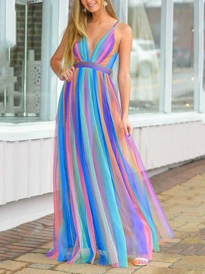 Rainbow Chiffon Spaghetti Strap Dresses Women Sexy Deep V-neck Backless Long Dress Fashion Elegant Ladies Evening Party Vestidos