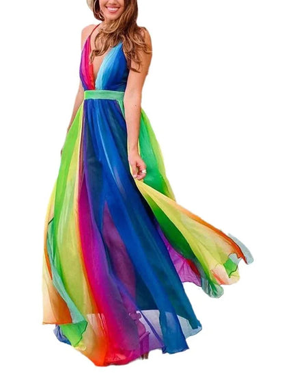 Rainbow Chiffon Spaghetti Strap Dresses Women Sexy Deep V-neck Backless Long Dress Fashion Elegant Ladies Evening Party Vestidos