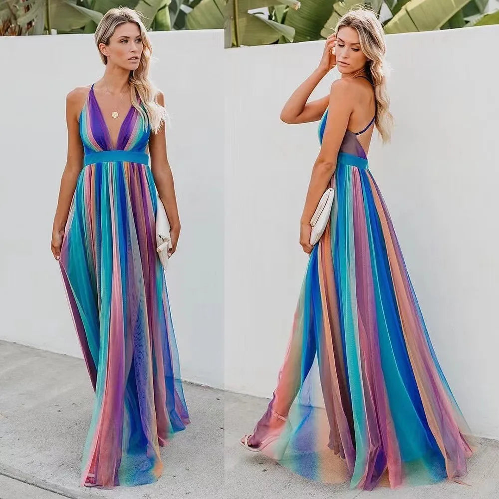 Rainbow Chiffon Spaghetti Strap Dresses Women Sexy Deep V-neck Backless Long Dress Fashion Elegant Ladies Evening Party Vestidos