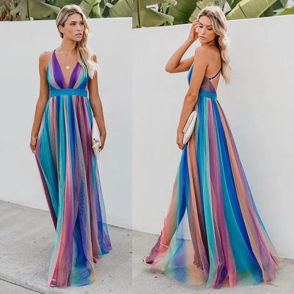 Rainbow Chiffon Spaghetti Strap Dresses Women Sexy Deep V-neck Backless Long Dress Fashion Elegant Ladies Evening Party Vestidos