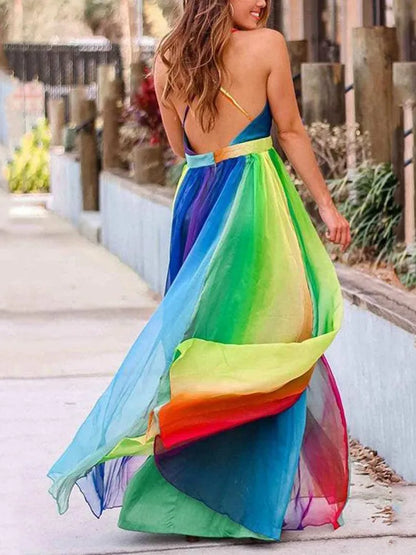 Rainbow Chiffon Spaghetti Strap Dresses Women Sexy Deep V-neck Backless Long Dress Fashion Elegant Ladies Evening Party Vestidos