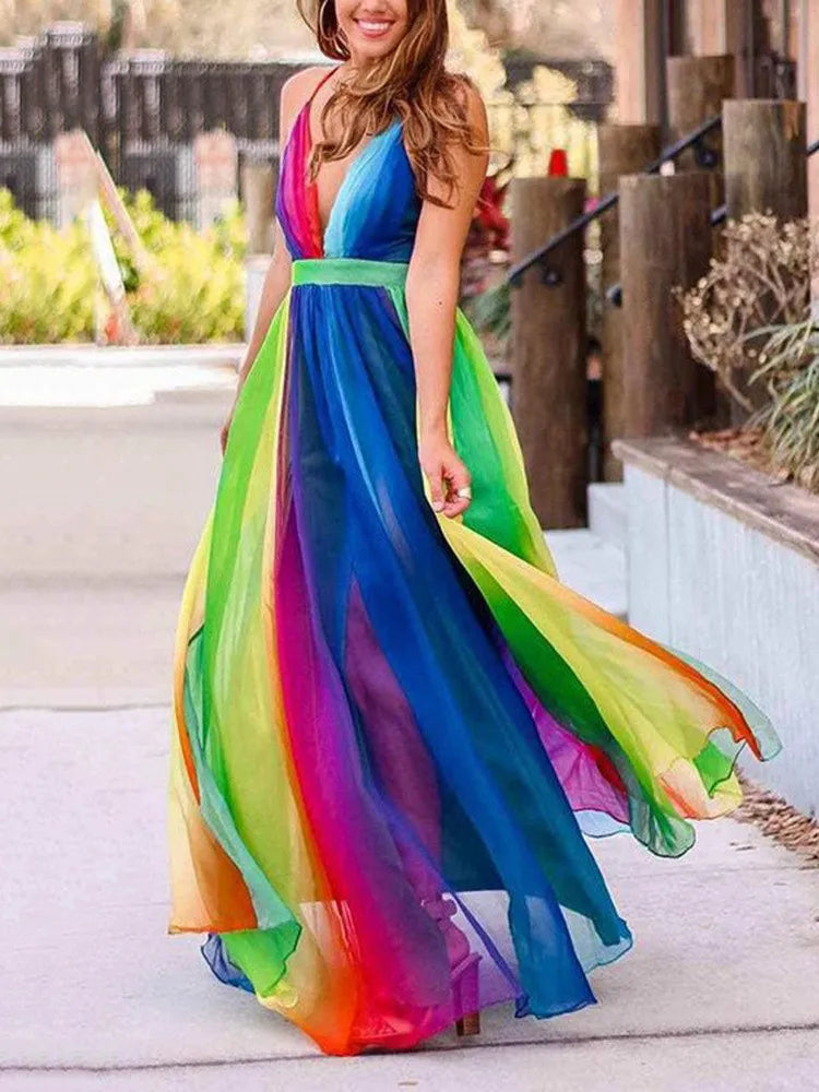 Rainbow Chiffon Spaghetti Strap Dresses Women Sexy Deep V-neck Backless Long Dress Fashion Elegant Ladies Evening Party Vestidos