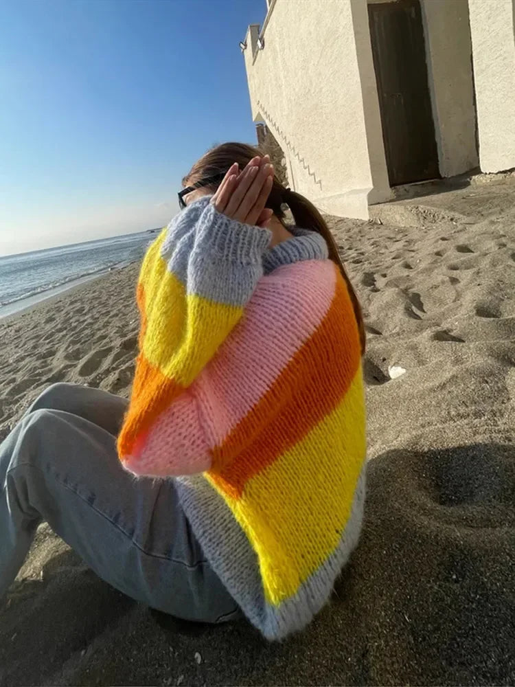 Rainbow Striped Printed Loose Knitted Pullover Women Fashion O Neck Long Sleeve Sweater