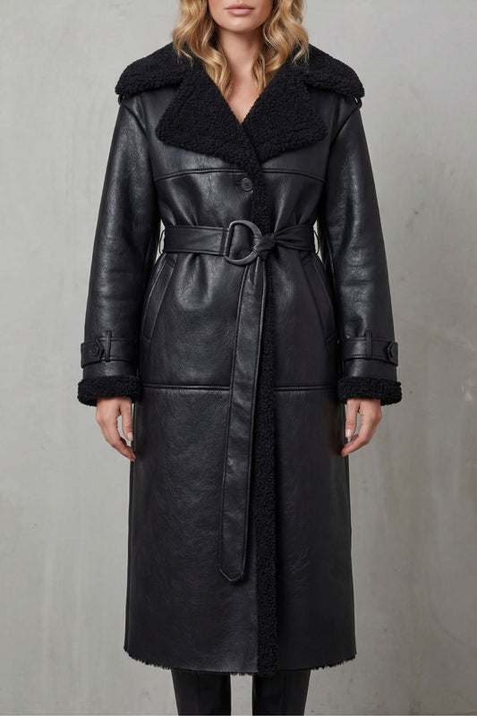 Ravienne Oversized Shearling Trim Belted Longline Aviator Coat