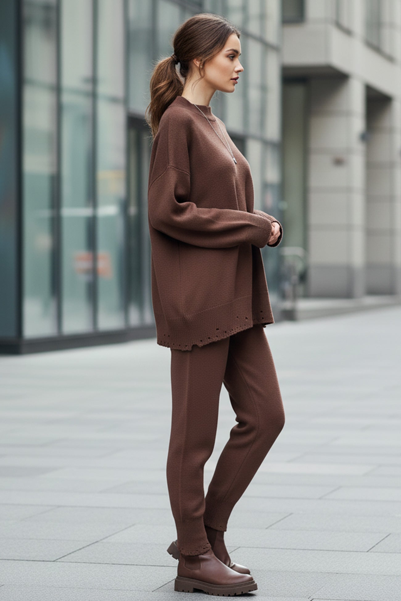 Raw Edge Crew Neck Sweater Set