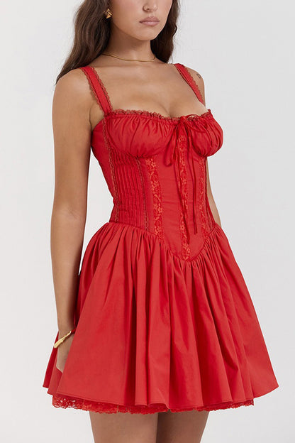 White Lace Stitching Strappy Ruched Cami Dress