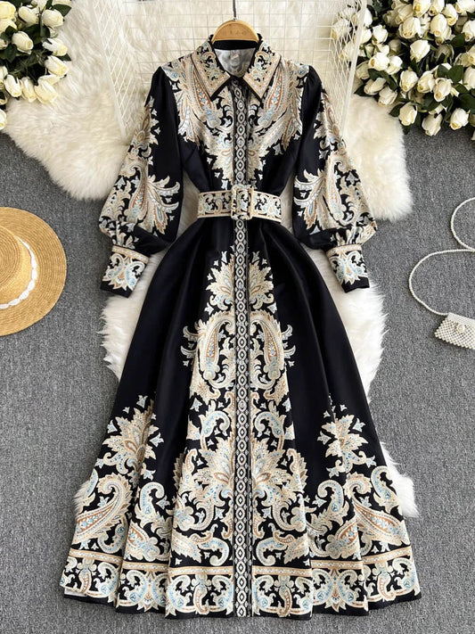 Retro Printed Party Dress Women Polo Collar Long Sleeve Elegant Long Dresses Spring Autumn French Single Breasted Shirt Dress