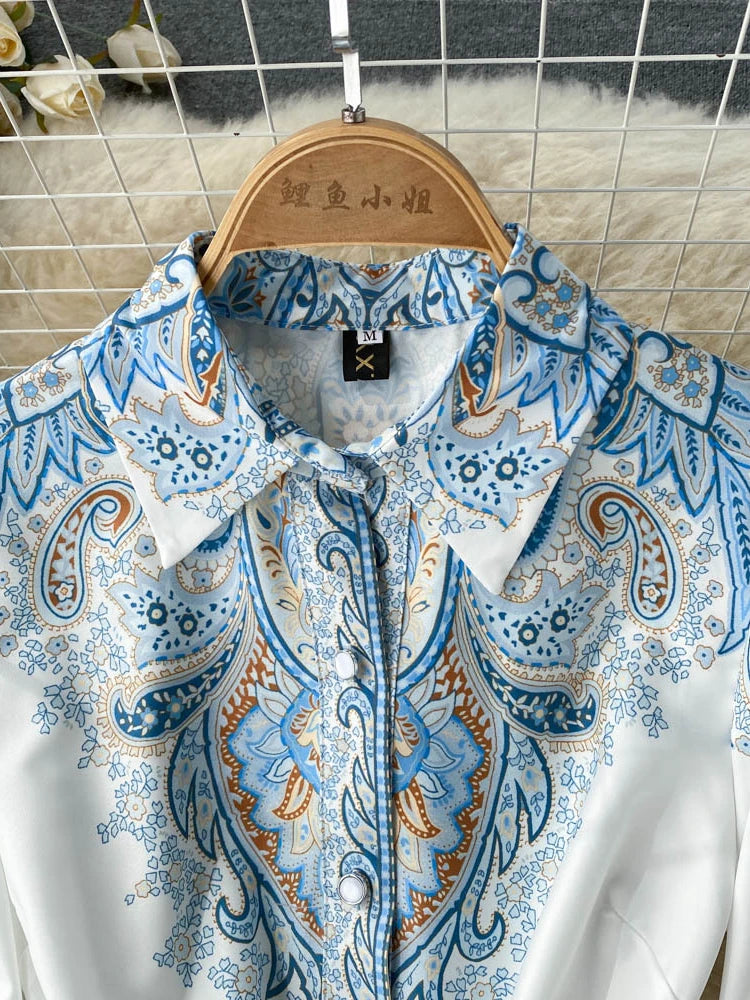 Retro Printed Party Dress Women Polo Collar Long Sleeve Elegant Long Dresses Spring Autumn French Single Breasted Shirt Dress