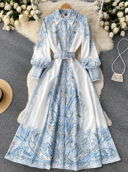 Retro Printed Party Dress Women Polo Collar Long Sleeve Elegant Long Dresses Spring Autumn French Single Breasted Shirt Dress