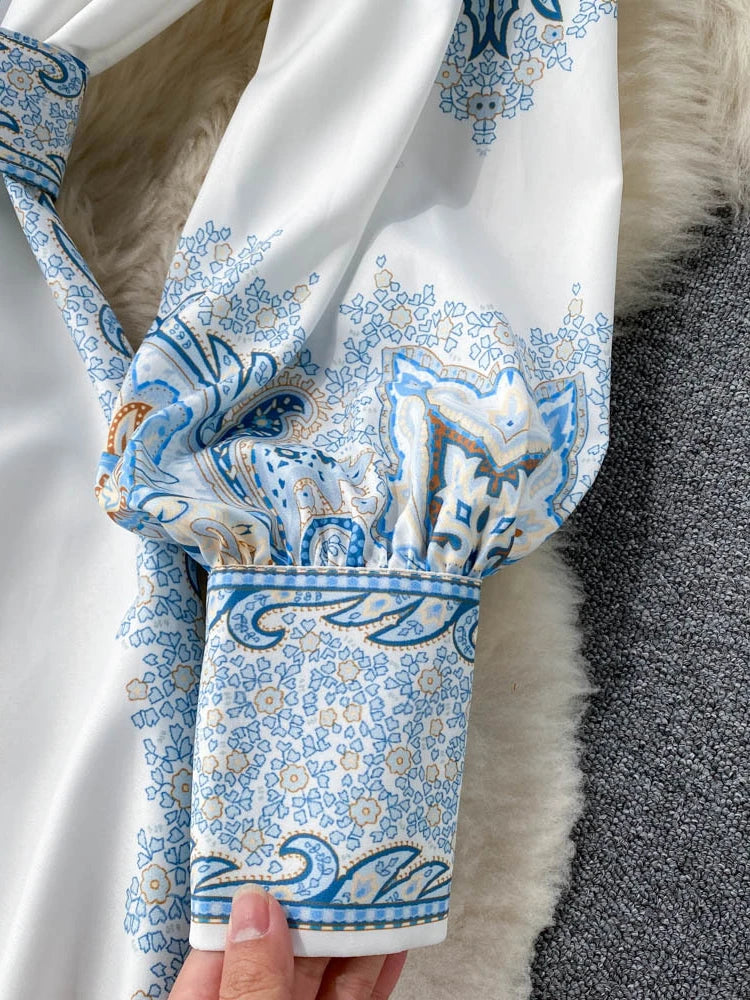 Retro Printed Party Dress Women Polo Collar Long Sleeve Elegant Long Dresses Spring Autumn French Single Breasted Shirt Dress