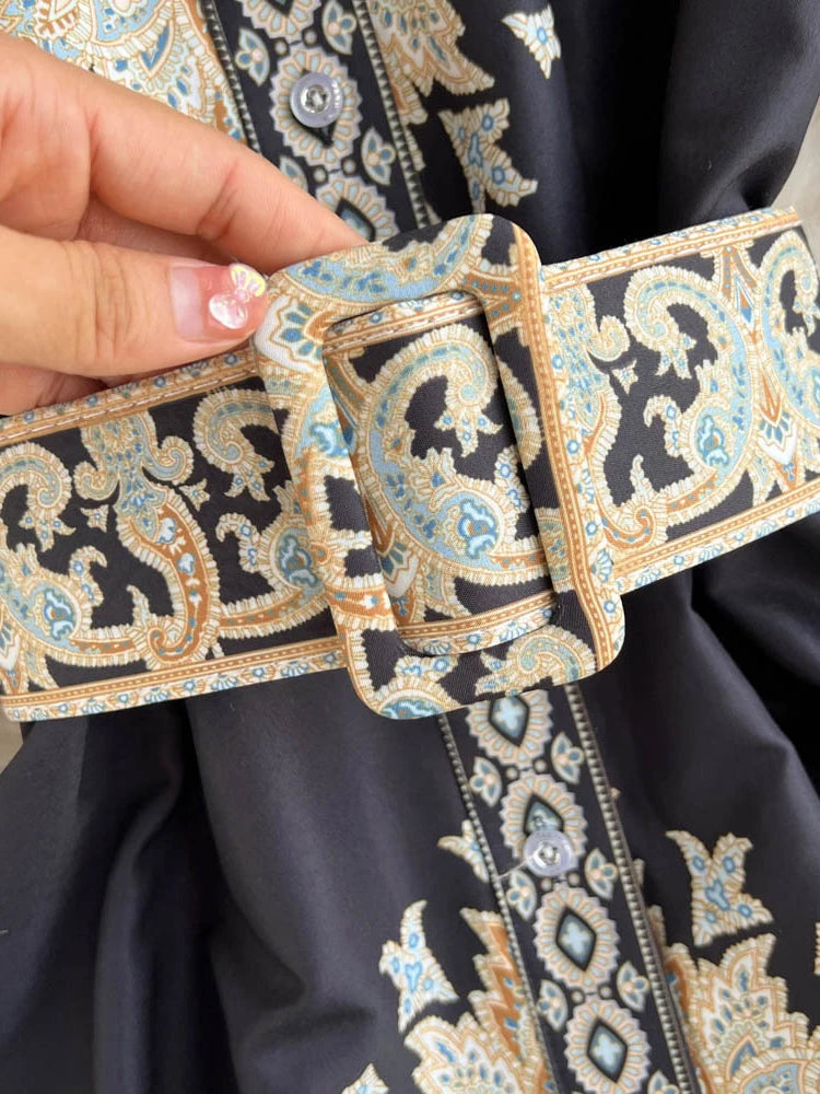 Retro Printed Party Dress Women Polo Collar Long Sleeve Elegant Long Dresses Spring Autumn French Single Breasted Shirt Dress