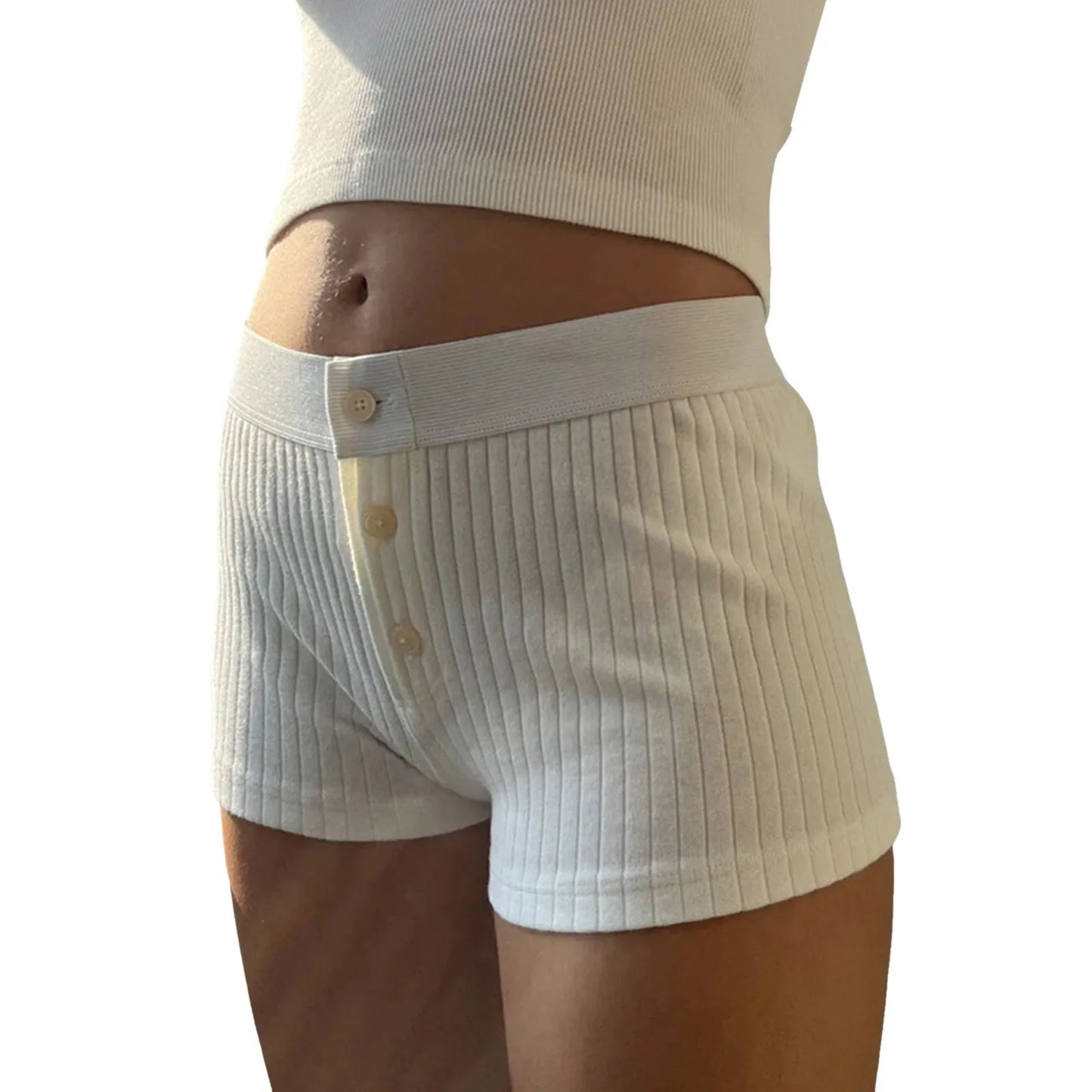 Striped Button Slim Patchwork Elastic High Waist Cotton Straight Pant Casual Shorts