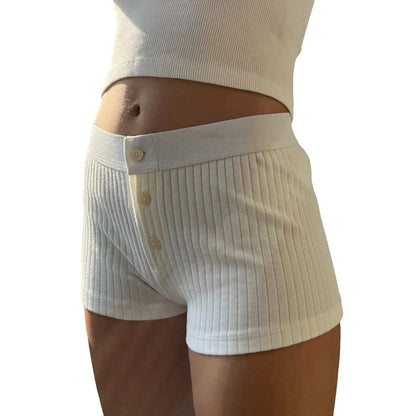 Striped Button Slim Patchwork Elastic High Waist Cotton Straight Pant Casual Shorts