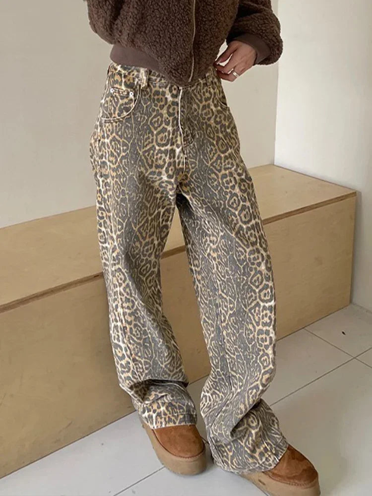 FashionSierra - Retro Y2K American Street Leopard Girl Korean High Waist Straight Baggy Trouser