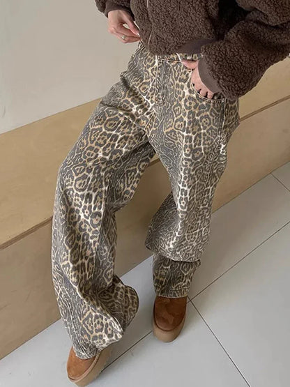 FashionSierra - Retro Y2K American Street Leopard Girl Korean High Waist Straight Baggy Trouser