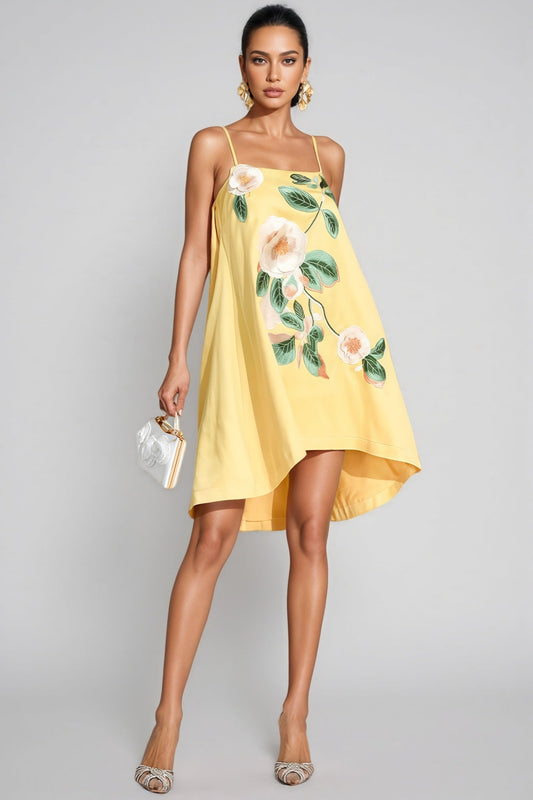 Fawnty Yellow Embroidered Slip Mini Dress