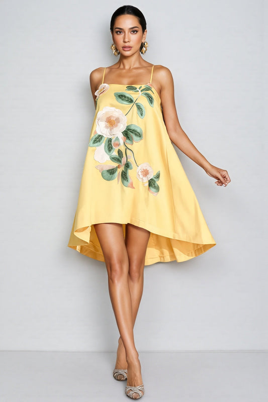 Fawnty Yellow Embroidered Slip Mini Dress