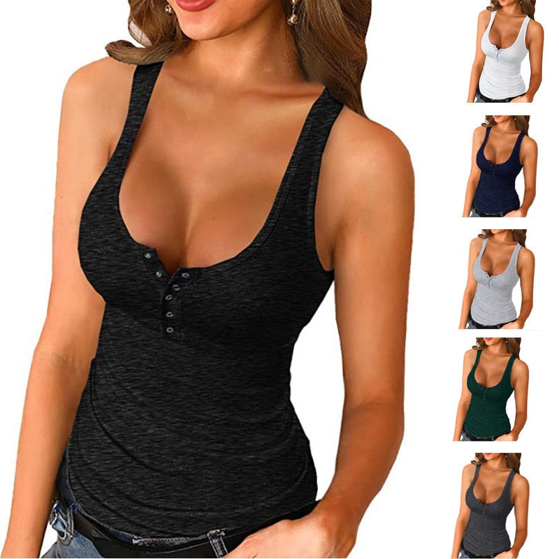DressBetty - Ribbed Knitting Button U-neck Sleeveless Tank Top
