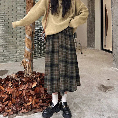 DressBetty - Vintage Woolen Plaid High Waist A-Line Midi Skirt