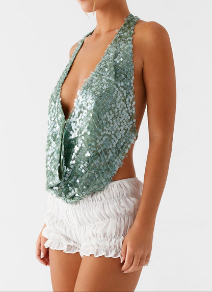 Venetia Cowl Neck Halter Top - Green
