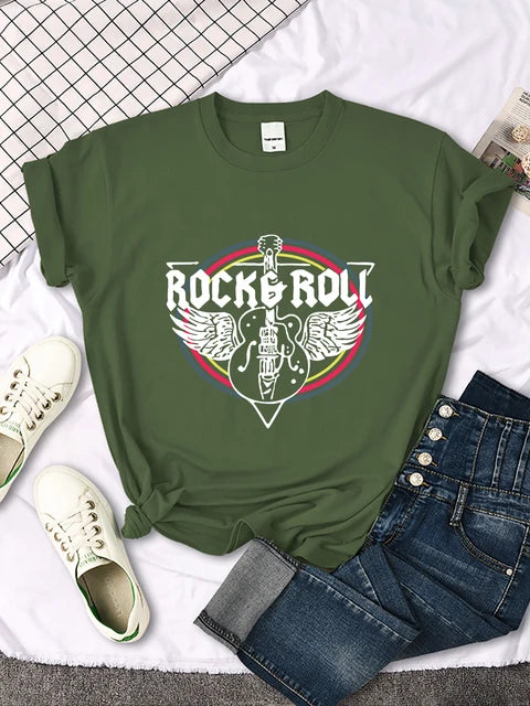 Rock Roll Electric Guitar Printed T-Shirt Women Casual Comfortable Tops Breathable Cool Short Sleeve O-Neck Street Tee Clothing
