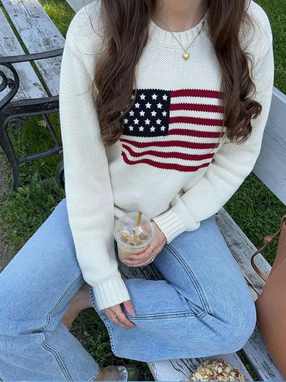 Round Neck Printed Knitted Loose Pattern Pullover Women Long Sleeve Sweater