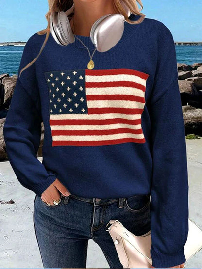 Round Neck Printed Knitted Loose Pattern Pullover Women Long Sleeve Sweater