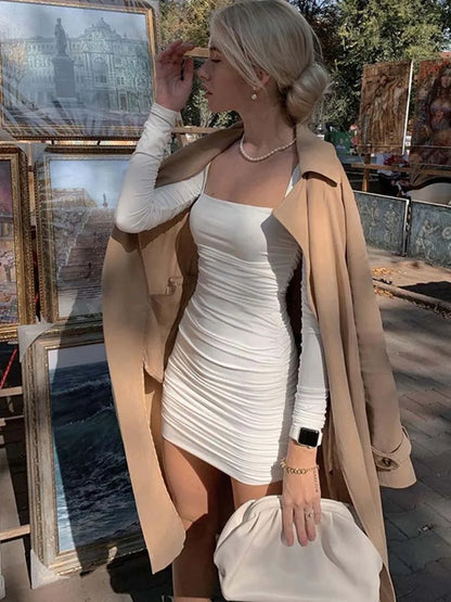 Ruched Long Sleeve Bodycon Sexy Party Elegant Streetwear 2025 Autumn Winter Mini Dress