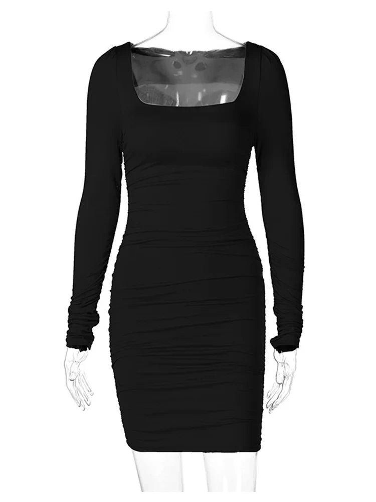Ruched Long Sleeve Bodycon Sexy Party Elegant Streetwear 2025 Autumn Winter Mini Dress