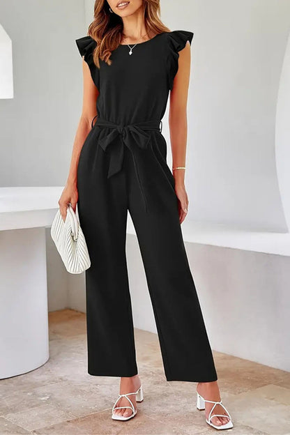 Mono negro elegante para mujer con cinturón y volantes | Ideal para primavera/verano