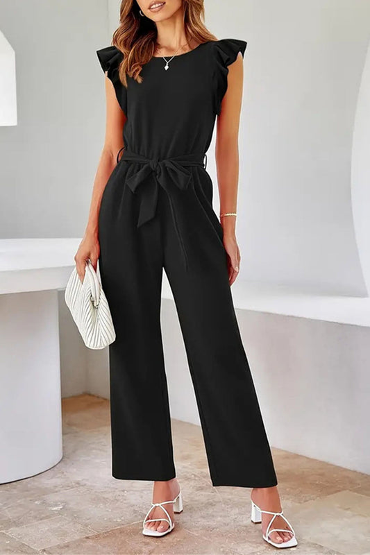 Mono negro elegante para mujer con cinturón y volantes | Ideal para primavera/verano