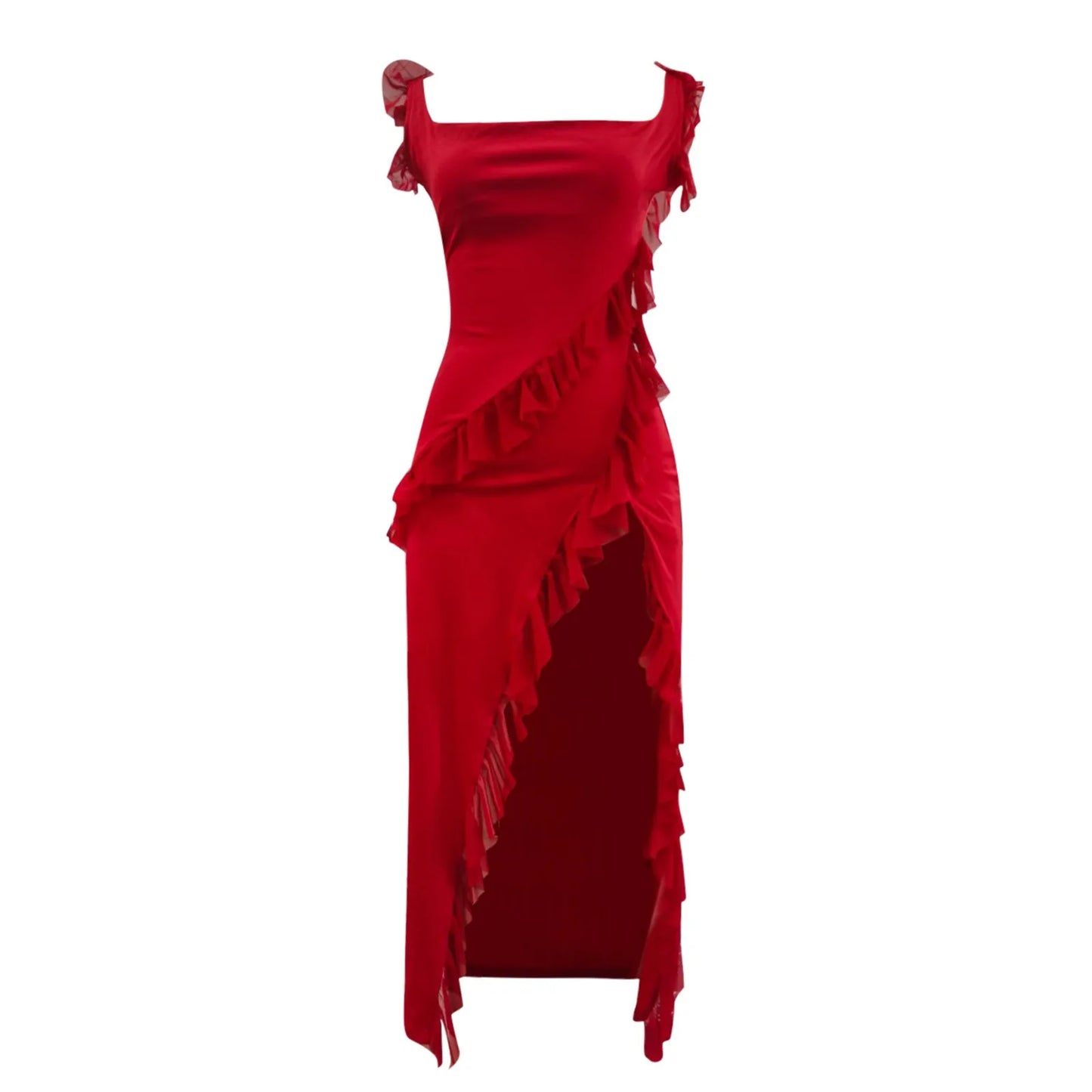 FashionSierra - Ruffles Chiffon Maxi Dress For Women 2025 Backless Split Sexy Black Long Wedding Party Elegant Luxury Chic Female