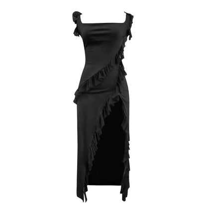 FashionSierra - Ruffles Chiffon Maxi Dress For Women 2025 Backless Split Sexy Black Long Wedding Party Elegant Luxury Chic Female