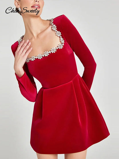 Velvet Square Collar Beading Long Sleeve Dress Women High Waist Slim A-line Party Dresses  Lady Christmas Evening Gowns New