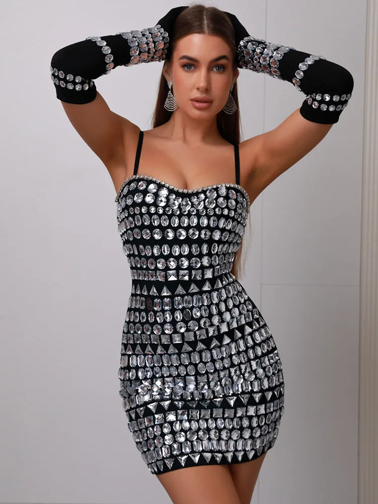 Isolde Rhinestone Bandage Dress with Matching Gloves