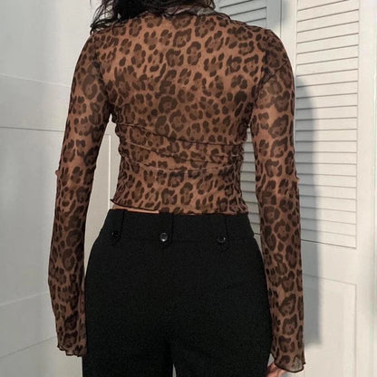Leopard Print Vintage Brown Long Sleeve Crop Top Shirring Detail V-neck Lace-up T-shirt Party Women Outfits Autumn