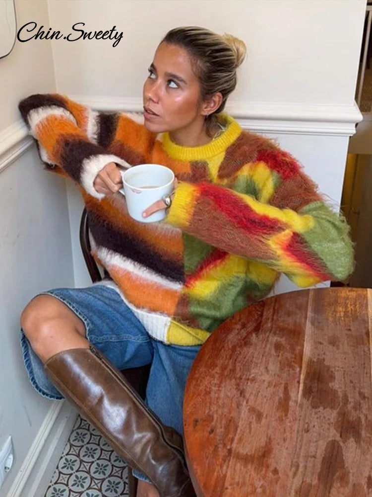 Casual Mohair Knit Women Pullover Colorful O-neck Long Sleeve Loose Sweater  New Autumn Fashion Lady All-matching Knitwear