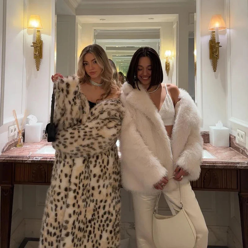 Luxury Maxi Long Leopard Belted Faux Fur Coat Women Winter  Brand Fashion Mob Wife Vibe Fox Fur Jacket Overcoat