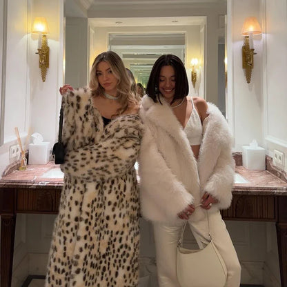 Luxury Maxi Long Leopard Belted Faux Fur Coat Women Winter  Brand Fashion Mob Wife Vibe Fox Fur Jacket Overcoat