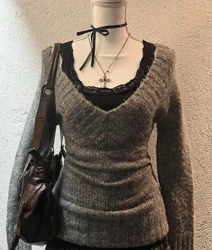 Vintage V-neck Knitted Tops Early Sweaters Mujer Y2k Grunge Slim Fit Long Sleeve Pullovers