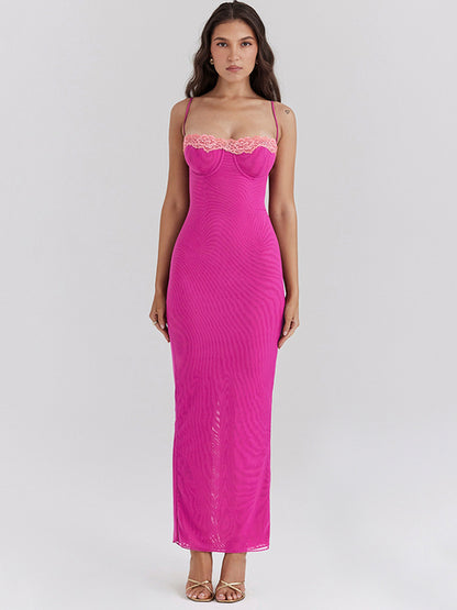 Lace Spaghetti Strap Bodycon Maxi Dress Women Gown Patchwork Fashion Sleeveless Backless Sexy Club Party Dress Elegant