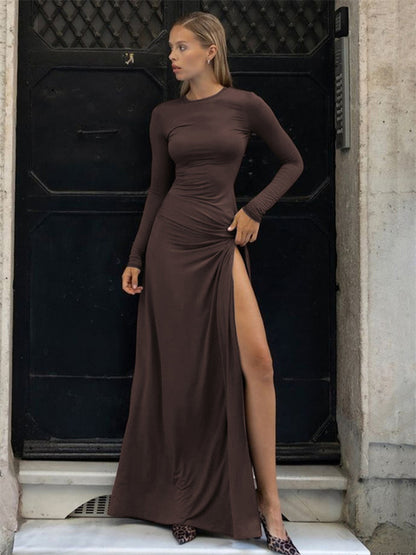 Pleated Skinny Sexy Maxi Dress Women’s High Split Fashion Long Sleeve Patchwork Hollow Out Dress Female Solid Long Dress