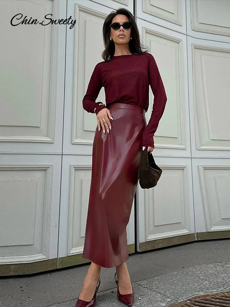 Fashion Burgundy Red Leather Skirt Slim Fit Hip Package Split Skirts Female  Autumn Winter Commuting High Street Outwear