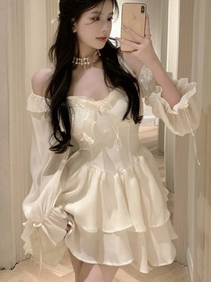 Elegant Princess Party Dress Flare Sleeves Layered Ruffles A-line Short Dresses for Women Korean Fashion One Piece Vestido Mujer
