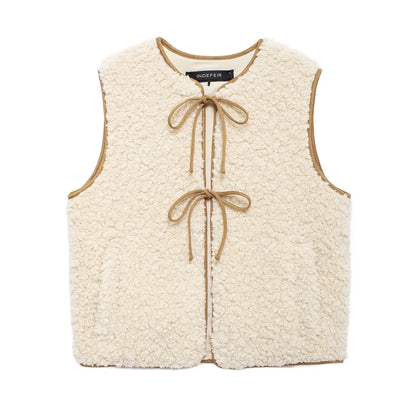 Winter New Solid Fleece Vest Jacket Women 2025 Round Neck Lace-up Sleeveless Jackets Simple Casual Fashion Waistcoat Outerwear
