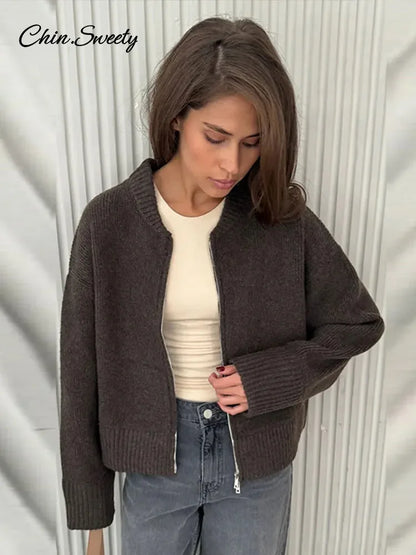 Vintage Knit Zipper Cardigan For Women Solid Loose O Neck Long Sleeve Sweater Top Female  Fall Winter All-matching Knitwear